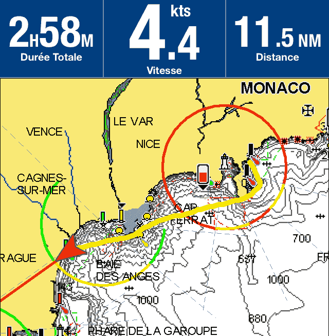 Yellow trace of the cruise from Beaulieu to Marina Baie des Anges